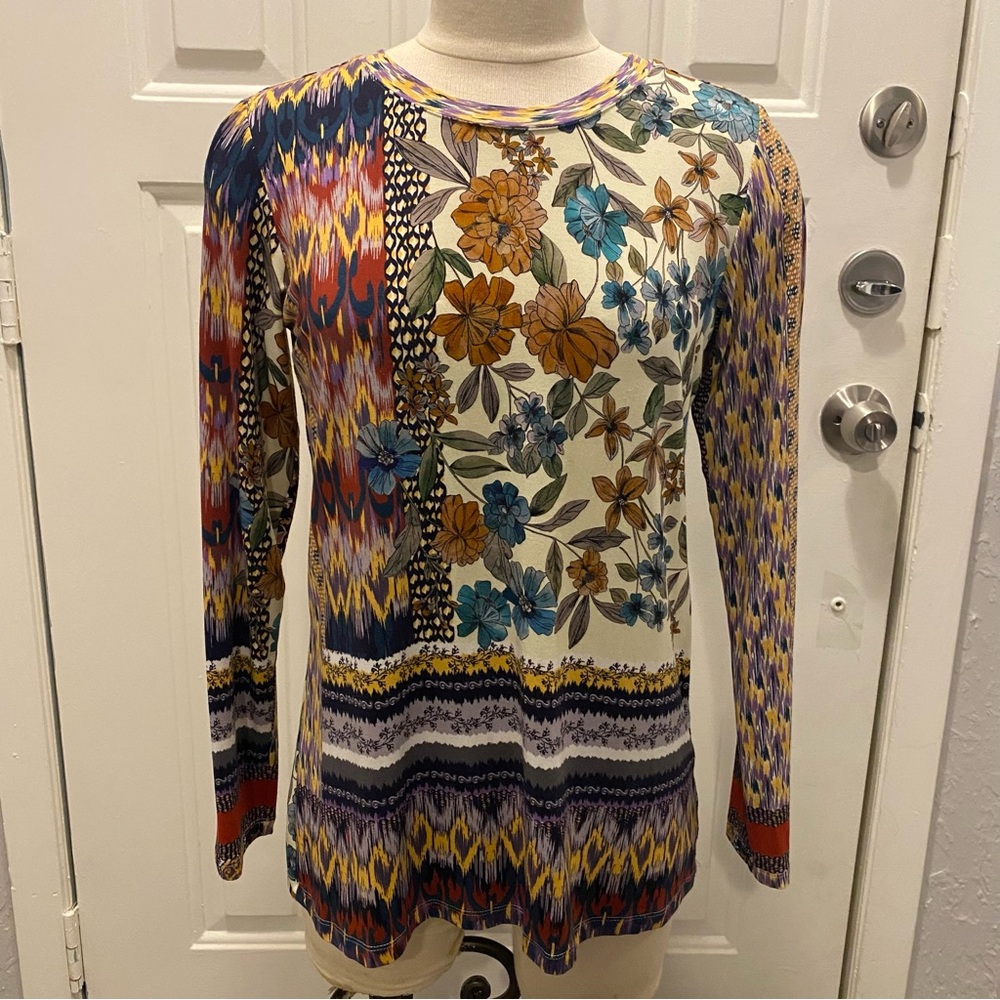 Johnny Was Blue and Orange Graphic Long Sleeve Blouse